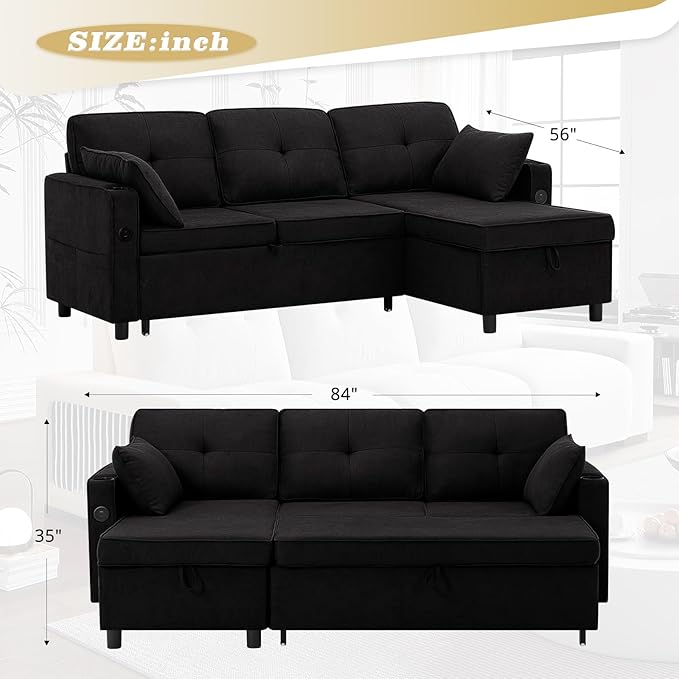 84 Inches Fabric Sectional Sofa w/Pull Out Sofa Bed & Adjustable Back, Tufted L Shaped Couch w/Storage Chaise, Sleeper Sectional Sofa w/USB Port & Cup Holders for Living Room, Black-Ruum Studio Home