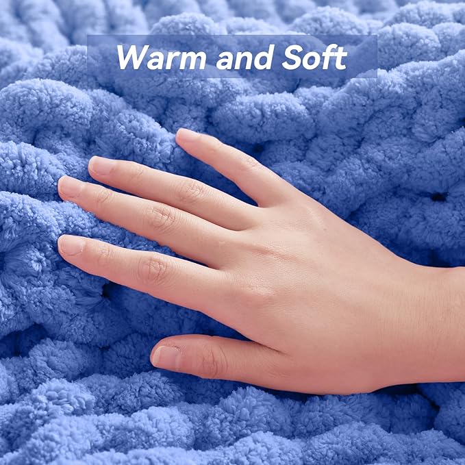 Chunky Knit Throw Blanket, 50''*60'' Knitted Throw Chenille Yarn for Bed Couch, Handmade Light Blue Crochet Big Thick Blanket, Machine Washable Cute Comfy Blanket for Home Decor-Ruum Studio Home