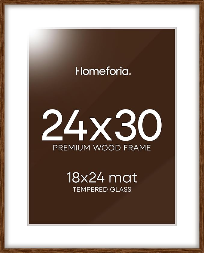 Homeforia 24x30 Walnut Frame, High End Oak 24 x 30 Wooden Poster Frame with Mat 18 x 24, 30x24 Large Picture Frames for Wall, 24x30 Brown Wood Frame Matted to 18x24, Tempered Glass, Wall Kit, Set of 1-Ruum Studio Home