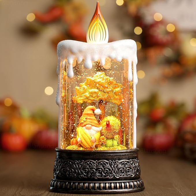 Fall Snow Globe Candle Fall Decorations for Home with Timer Gnome Turkey Pumpkin Autumn Harvest Fall Decor Indoor 9.7 inch-Ruum Studio Home