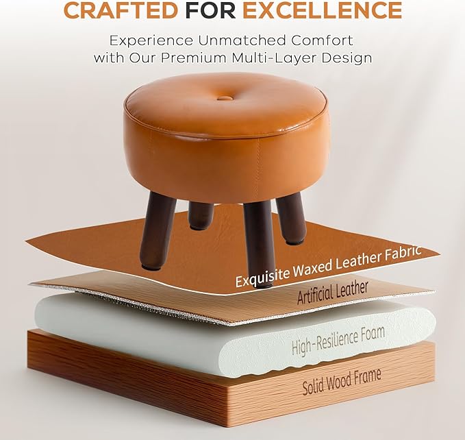 Small Foot Stool Ottoman, Round Pouf Foot Rest, Footstool Ottomans with Rubber Legs Under Desk, Faux Leather Footrest for Couch, Living Room, Bedroom, Hallway, Office, 13''L x 13''W x 10.2''H-Ruum Studio Home