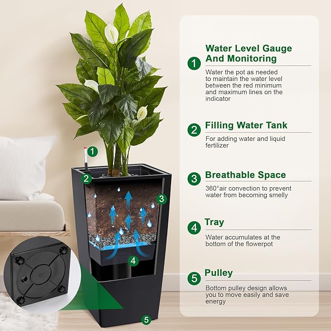 30" Tall Planters Set of 2, Outdoor＆Indoor Black Planter Pots, High Front Porch Planter Pots with Drainage Holes＆Water Level Monitor Movable Wheels ＆Inner Bucket, Automatic Watering,Black-Ruum Studio Home