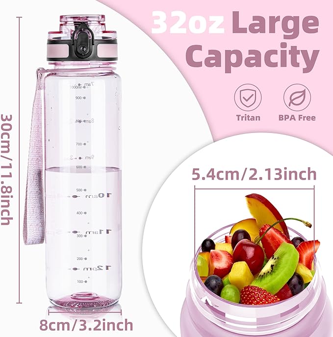 OLDLEY 32 oz Water Bottle, Motivational Water Bottle with Time Marker, Sports Water Bottle With Strap, Leakproof & BPA Free Large Water Bottles for School, Gym, Travel, Tritan, Transparent Pink-Ruum Studio Home