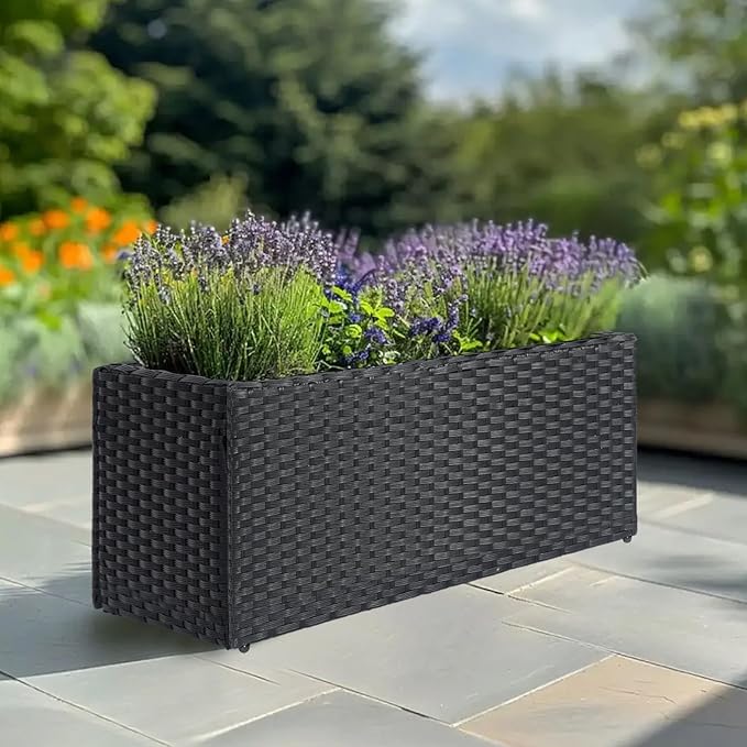 LEWIS&WAYNE Large Rectangular Block Planter Box Handmade Wicker Tall Planters for Outdoor Plants with Removable Liners Modern Planter for Indoor Outdoor Patio Deck - Black, 36''x12''x16''-Ruum Studio Home