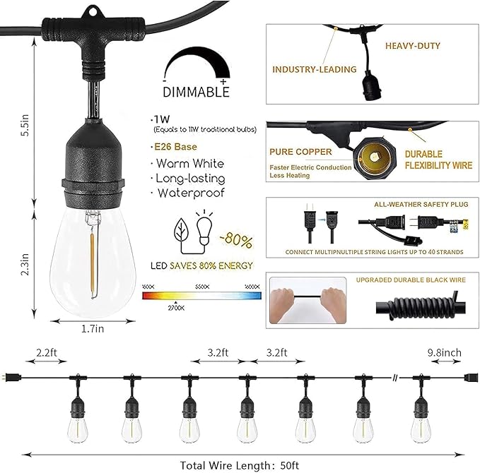 Svater Outdoor String Lights Led 105FT, Commercial Grade Patio Lights with 1W Dimmable S14 Shatterproof Bulbs, ETL Listed Heavy-Duty Outside Waterproof Cafe Bistro Market Lighting Warm White-Ruum Studio Home