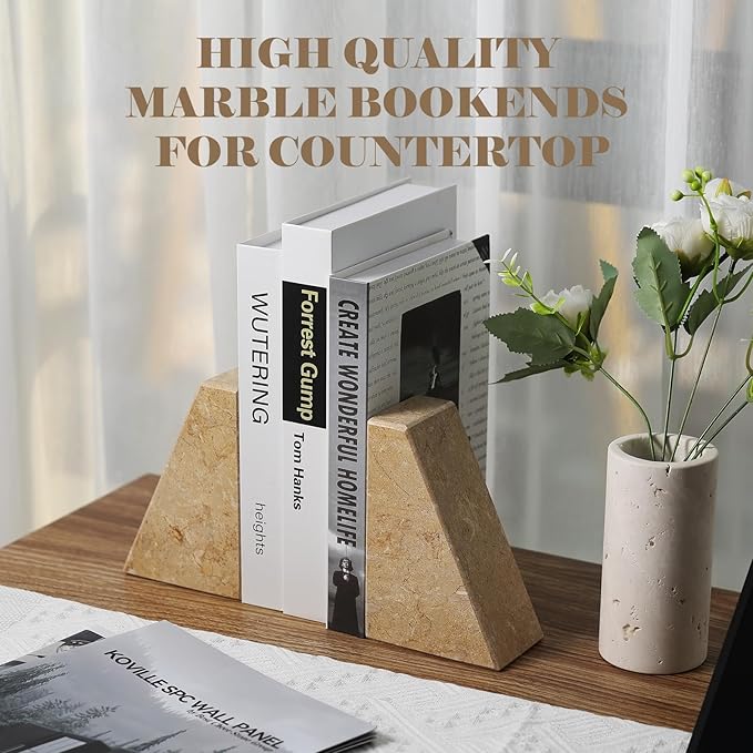 Marble Bookend for Heavy Books, Decorative Bookends for Shelves, Durable and Heavy-Duty Book End for Hardback Book & CDS, Unique Book Stopper & Holder, Pearlly Yellow, Set of 2-Ruum Studio Home