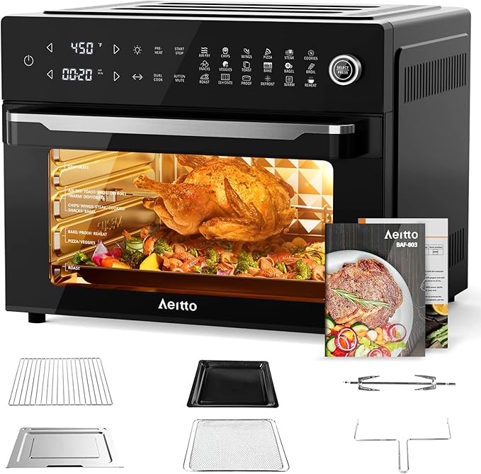 Aeitto® 32-Quart PRO Large Air Fryer Oven| Toaster Oven Combo | with Rotisserie, Dehydrator and Full Accessories | 19-In-1 Digital Airfryer | Fit 13" Pizza, 9pcs Toast, 1800w, Black-Ruum Studio Home