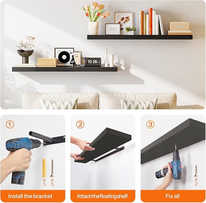 HOOBRO Floating Shelves for Wall, Wall Mounted Shelf Set of 2, 47.2" Hanging Shelf with Invisible Brackets, for Wall in Bathroom, Bedroom, Toilet, Kitchen, Living Room, Office, Black BK120BJP201-Ruum Studio Home