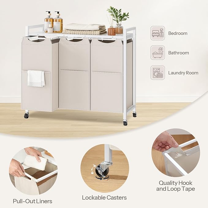 HOOBRO Laundry Sorter 3 Section, Laundry Hamper with Wheels, 3 × 11.5 Gal (43.4L), Rolling Laundry Basket, Pull-Out and Removable Oxford Fabric Bags, White WG76XY01-Ruum Studio Home