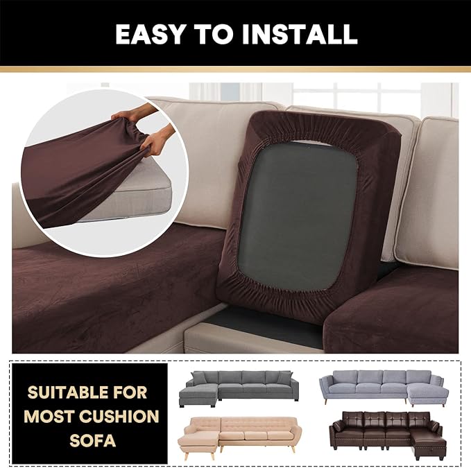 PrinceDeco Sectional Couch Covers 4 Pieces Velvet Separate Couch Cushion Covers L Shape for Left/Right Chaise Sectional Couch with Elastic Bottom (3 Seater + 1 Chaise,Brown)-Ruum Studio Home