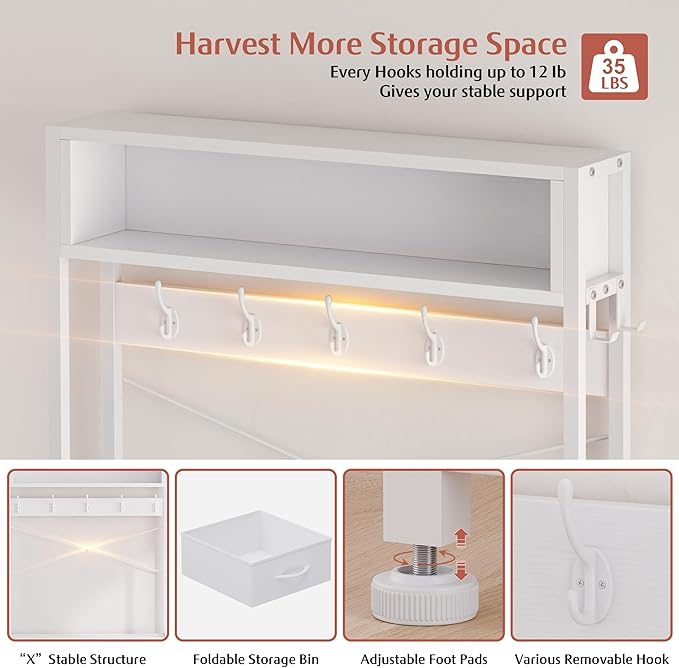 Lulive Hall Tree with Bench and Shoe Storage, 31.5" Coat Rack Freestanding with 2-Tier Storage Shelf, 5-in-1 Entryway Bench Coat Rack with 12 Hooks and 3 Drawers(White)-Ruum Studio Home