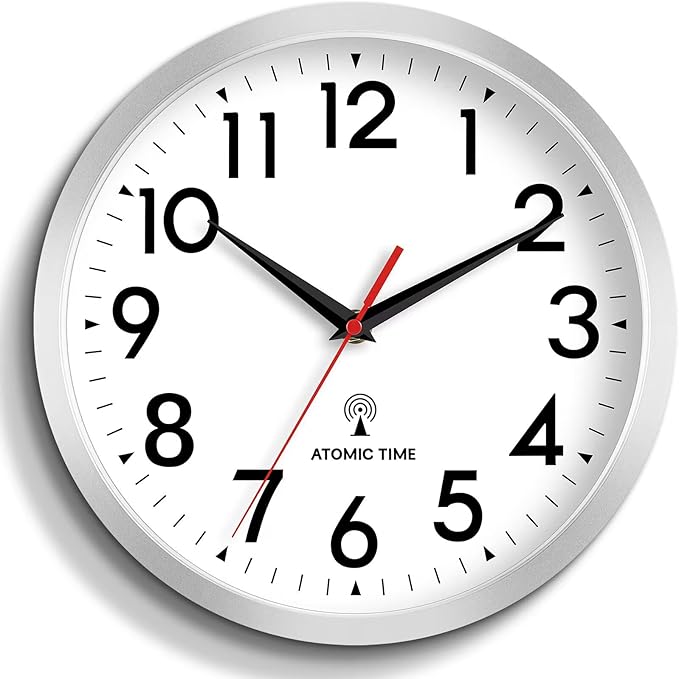Atomic Wall Clock Analog 14 Inch Battery Operated Modern Decorative for Living Room Kitchen Office Bedroom Bathroom(Silver)