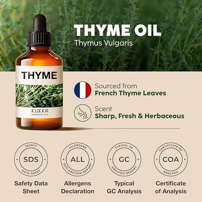 Kukka Thyme Essential Oil for Hair, Skin & Diffuser - 4 Fl Oz - 100% Pure Natural Thyme Oil, Herbaceous Scent, for Aromatherapy & Making Scent DIY-Ruum Studio Home