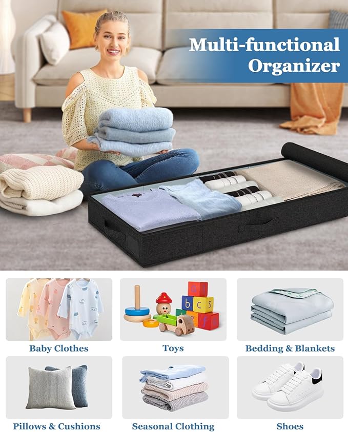 Cirhy Under Bed Storage Containers, 4.5 Inch Tall Low Profile Under Bed Storage with Sturdy Sidewalls & Bottom, UnderBed Storage for Clothes,Shoes, Pillow, Blankets Organizer, 2 Pack Black-Ruum Studio Home
