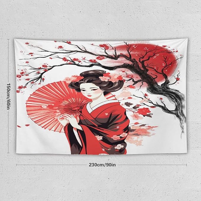 Japanese Red Geisha Tapestry Asian Cherry Blossom Traditional Kimono Folk Tapestries Home Decor for Living Room Bedroom Apartment Farmhouse Dorm 90"x60"-Ruum Studio Home