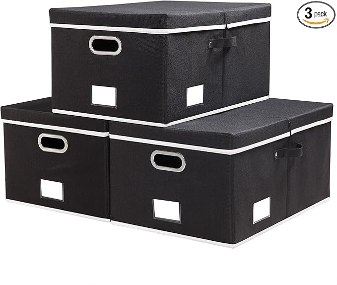 PRANDOM Storage Boxes with Lids [3-Pack] Fabric Collapsible Storage Bins Organizer Containers Baskets Cube with Cover for Home Bedroom Closet Office Nursery Black（23.4X15.9X11.5-Ruum Studio Home