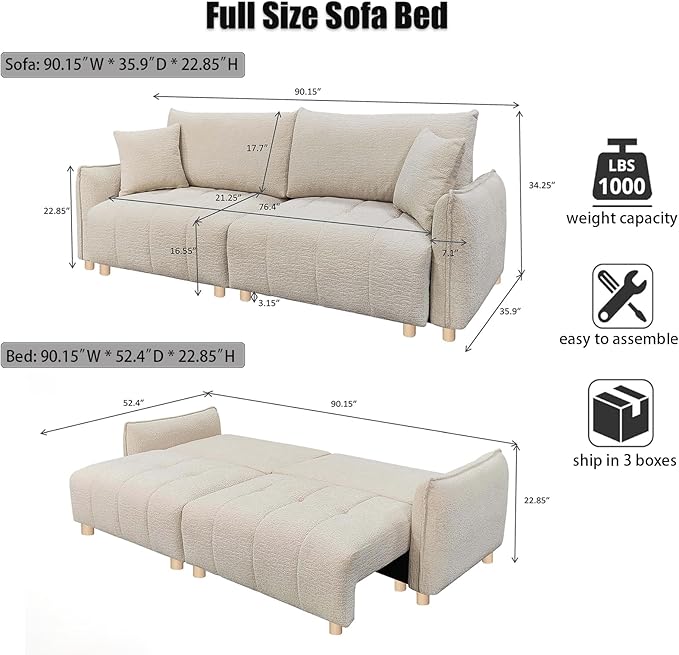 Convertible Sofa Bed, 90" Full Size Sleeper Sofa with Storage, Tufted Chenille 3 Seat Sofa Couches for Living Room, Small Spaces, Guest Room, Apartment, Beige-Ruum Studio Home