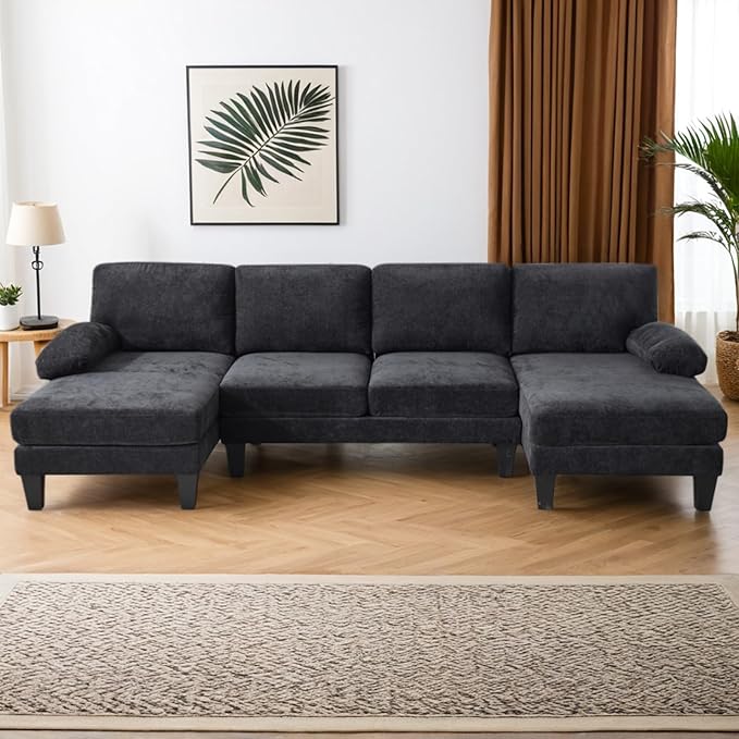 Karl home U-Shape Sectional Sofa Couch 111" Modern 4-Seat Sofa with Chaises Chenille Fabric Upholstered Covertible Couch with Wood Grain Legs for Living Room, Reception Room, Apartment, Black-Ruum Studio Home