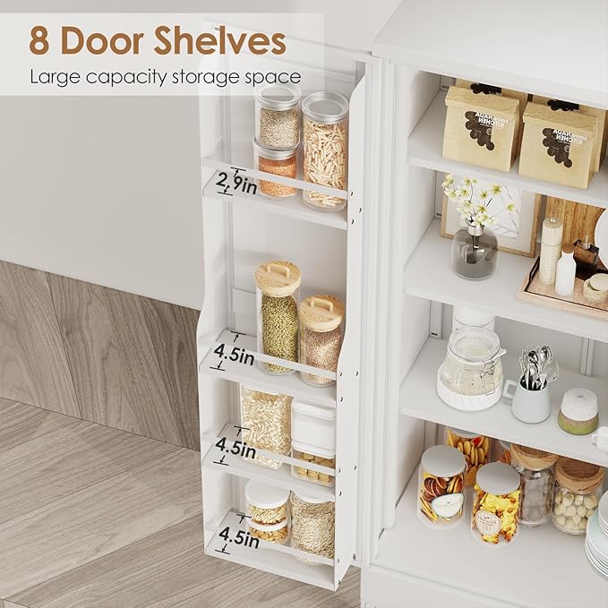 51" Kitchen Pantry Cabinet, Metal Storage Cabinet with 3 Adjustable Layer Shelves, 8 Door Shelves, Buffet Sideboard for Living Room, Kitchen, White-Ruum Studio Home