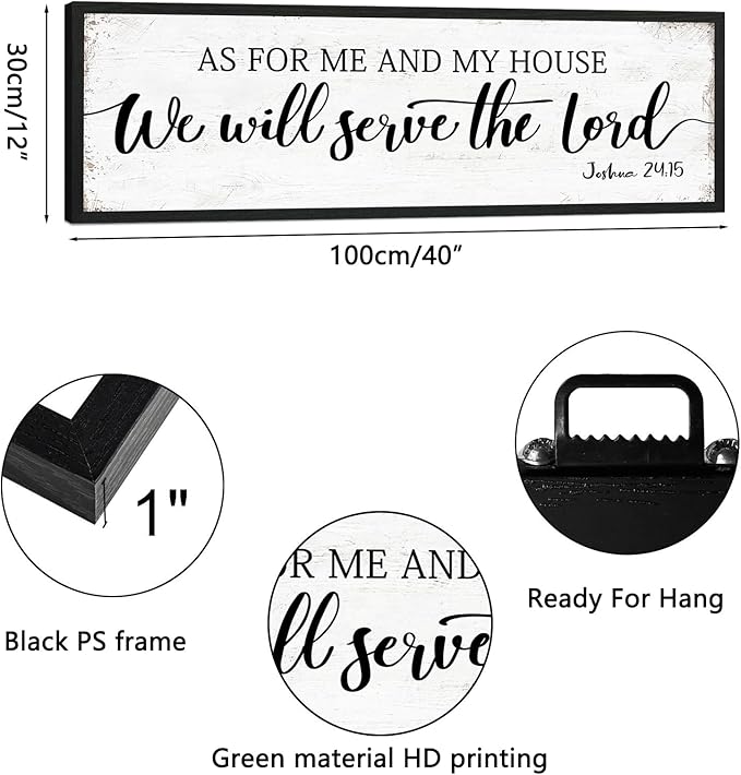 As for Me and My House We Will Serve the Lord Sign: Rustic Family Bedroom Signs Wall Decor Above Bed,Framed Country Wall Plaque Hanging Farmhouse Bible Verse Sign Christian Art Gifts 12" x 40"-Ruum Studio Home