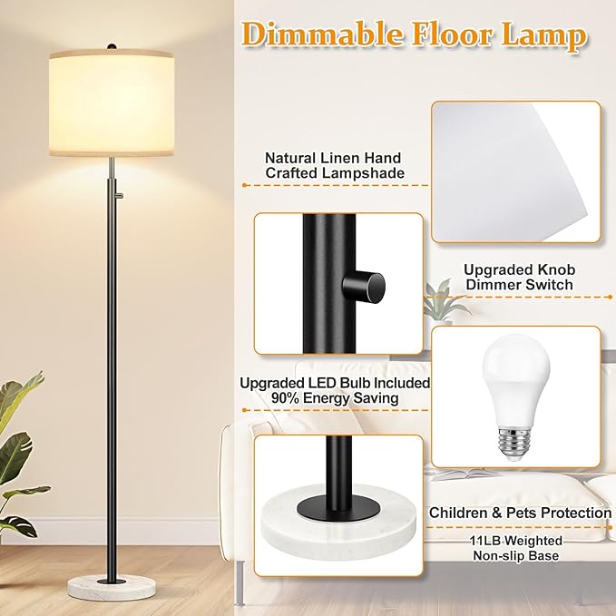 Nintiue Dimmable Floor Lamp for Living Room, 11W LED Bulb Included, Modern Standing Lamp with Marble Base, Tall Pole Light with White Linen Shade for Bedroom Reading Office Corner Nursery-Black-Ruum Studio Home