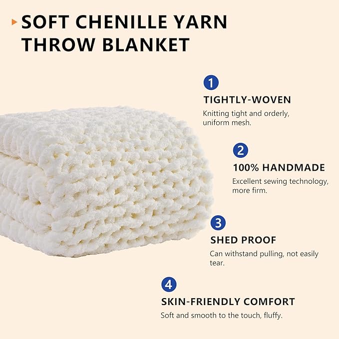 L'AGRATY Chunky Knit Blanket Throw: 72''x84'' Chenille Chunky Knitted Throw Blanket for Bed Couch - Handmade Thick Big Cable Knit Blanket - Large Chunky Crochet Blanket for Home Decor(Cream White)-Ruum Studio Home