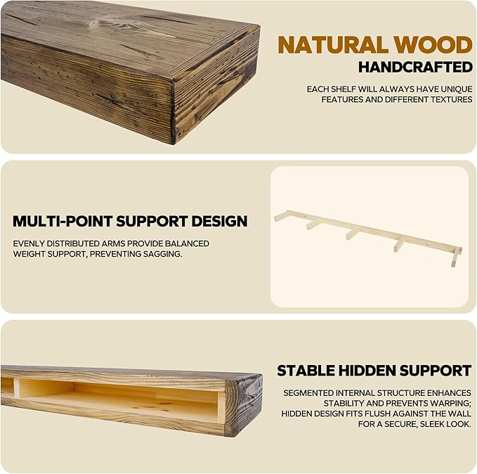 Floating Shelves 3 inch Thick for Wall Set of 2,Solid Pine Wood Wall Mount Shelf for Kitchen Living Room Bedroom Bathroom,8" D x 60" L x 3" H-Distressed Black Walnut-Ruum Studio Home