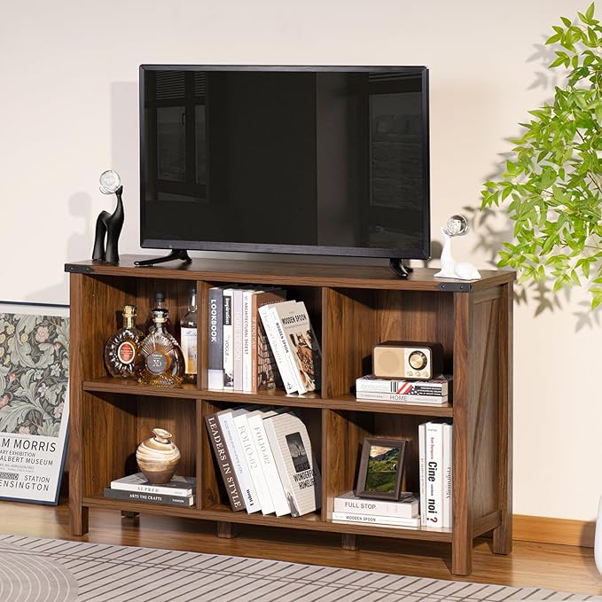 Farmhouse 6 Cube Book Shelf, Wood 3 Tier Storage Organizer Bookshelf, Brown Walnut 47" Horizontal Cubby Bookcase with Legs, Rustic Entryway Book Case, Long Display Cabinet for Bedroom, Office-Ruum Studio Home
