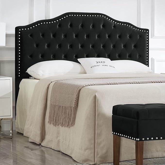 24KF Upholstered Button Tufted Queen Size Full Size Headboard with Nailhead Trim, Soft Velvet Fabric Headboard Queen/Full Size Headboad-Black-Ruum Studio Home