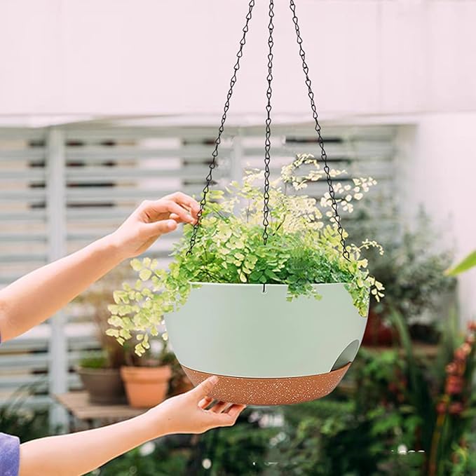 2 Pack Hanging Planters for Indoor Outdoor Plants, 12 Inch Self Watering Hanging Pot with Drainage Holes and Saucer, Plastic Plant Pots, Green Brown Flower Pots for Kitchen, Balcony, Garden-Ruum Studio Home