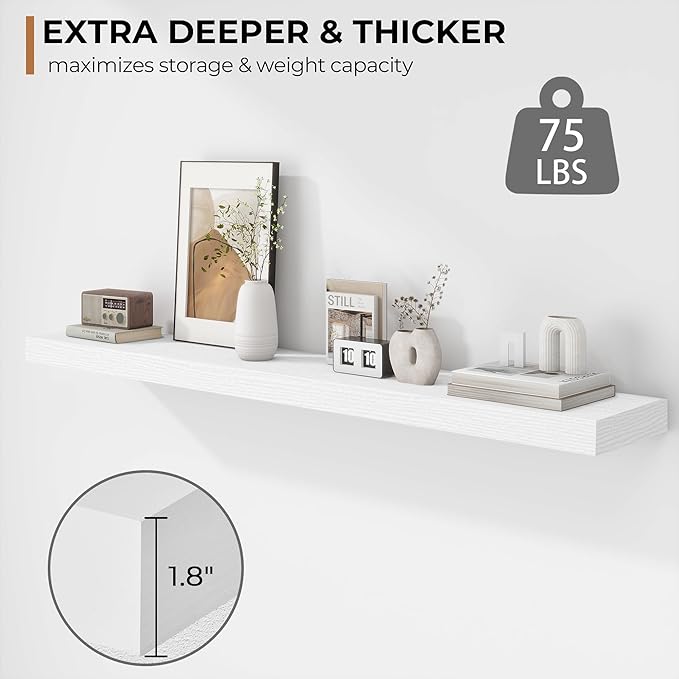Fun Memories 48 Inch Floating Shelves - Fireplace Mantel Shelf - Deep Wall Mounted Wood Storage Shelf for Bedroom, Kitchen, Farmhouse - 1 Pack, Rustic White-Ruum Studio Home