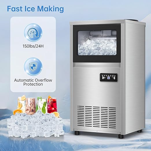 Ice Machine Commercial Ice Maker Machine, 150 Lbs /24H, 30 lbs Bin, Under Counter Built-in or Freestanding, Stainless Steel Household Use, Restaurant Bar Kitchen Cafe-Ruum Studio Home