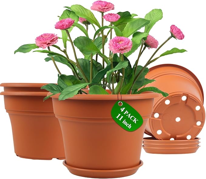 11 Inch Plastic-Flower-Pot-for-Indoor-Plants, 4 Pack Large Outdoor Planter Pot with Drainage Holes & Saucers, Resin Decorative Garden Pots Planters-Ruum Studio Home
