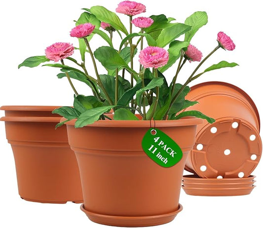 11 Inch Plastic-Flower-Pot-for-Indoor-Plants, 4 Pack Large Outdoor Planter Pot with Drainage Holes & Saucers, Resin Decorative Garden Pots Planters-Ruum Studio Home