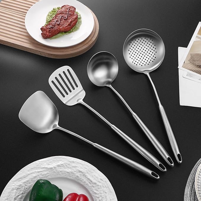 15" Wok Spatula and Ladle,Skimmer Spoon, Slotted Turner Spatula,304 Stainlss Steel Matte Kitchen Utensils Set,4PCS Wok Accessories,Cooking Utensils Tools-Ruum Studio Home