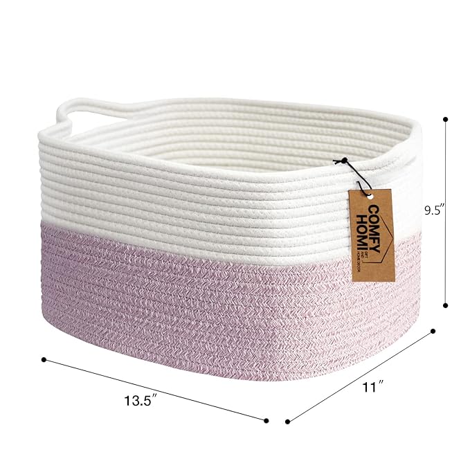 COMFY-HOMI Cotton Rope Woven Medium Basket with Handles for shelf，Cloth Storage Basket for Organizing-13.5X11X9.5 Storage Bin for Bedroom, Newborn or Infant Gift for boy girl （White/Pink）-Ruum Studio Home