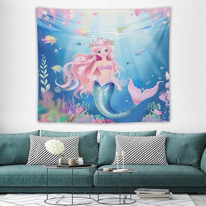 HZOHNAGO Mermaid Girls Tapestry Watercolor Mermaid Princess Pattern Printed Wall Tapestry Wall Hanging for Bedroom Living Room Dorm 60" W x 50" H-Ruum Studio Home