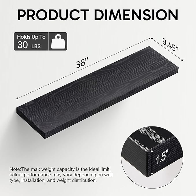 BAYKA Floating Shelves for Wall, 36 inches Long Wall Mounted Rustic Wood Shelves for Bathroom, Bedroom, Living Room, Kitchen, Office, Hanging Shelf for Books/Storage/Decor(Black,Set of 2)-Ruum Studio Home
