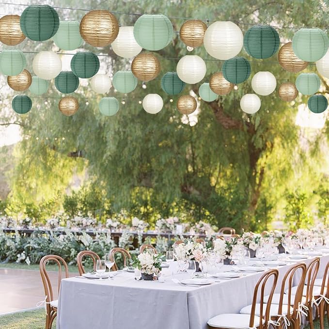 Paper Lanterns Sage Green Gold Round Hanging Chinese Lanterns for Birthday Party Baby Shower Bridal Shower Decorations Pack of 12-Ruum Studio Home