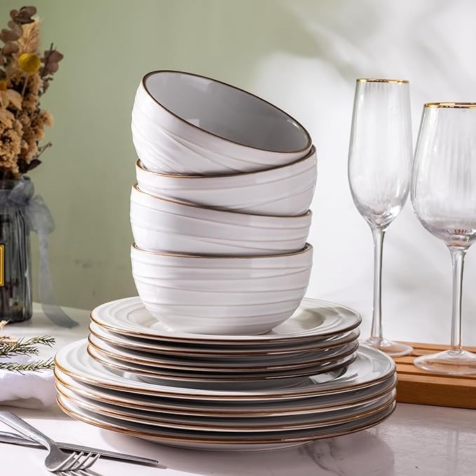 GBHOME Ceramic Dinnerware Sets,18 pcs Embossed Elegant Stoneware Plates and Bowls Sets, Housewarming Wedding Gift | Dishwasher & Microwave Safe | Dishes Set Service for 6-Ruum Studio Home