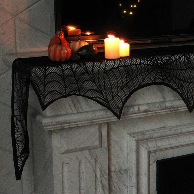 Lulu Home Halloween Fireplace Decorations, Fireplace Mantle Scarf Cover and Table Cloth, Black Lace Spider Web for Table, Door, Window and Fireplace Decoration, Halloween Decoration