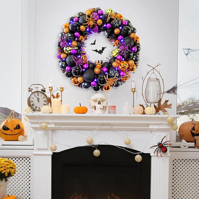 17 Inch Halloween Ball Wreath for Front Door with Lights, Lighted Cute Treat-or-Trick Door Wreath Ball Ornament for Halloween Indoor Decorations Centerpiece Party Holiday Wall Home Decor-Ruum Studio Home