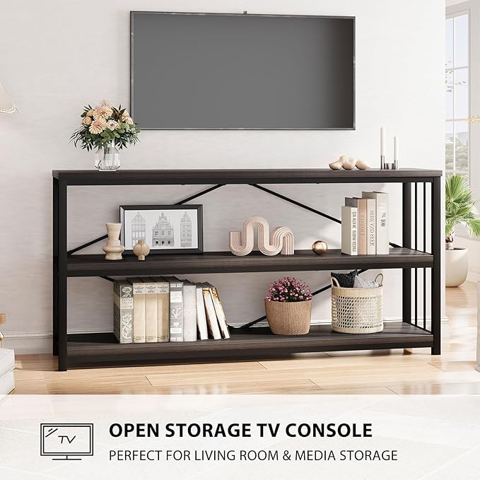 LVB 3-Tier Rustic Console Table, Extra Long Entryway Table with Storage, Industrial Skinny Wood Metal Sofa Table with Shelf, Modern Narrow Hallway Table for Foyer Living Room Bedroom, Dark Gray, 70 In-Ruum Studio Home