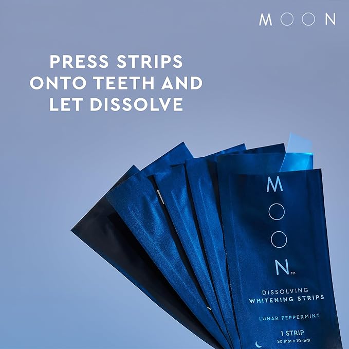MOON Dissolving Teeth Whitening Strips - Vegan, Easy-to-Use, No Rinse White Strips - Hydrogen Peroxide and Essential Oils Infused Gentle Teeth Whitening Kit - Travel Essentials for Oral Care (56 Ct)-Ruum Studio Home