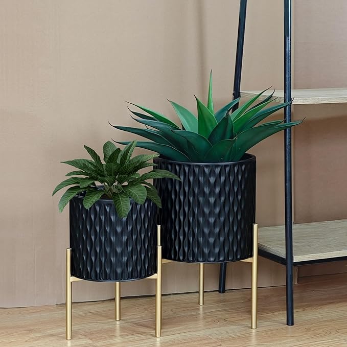 ARNIS Plants Pots with Stand, Set of 2 Planters, Unique Mid Century Decorative Metal Flower Pots with Drainage, 8.25 & 10.5 Inch, Black-Ruum Studio Home