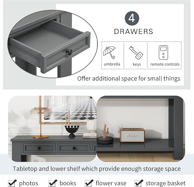 Solid Wood Console Table 63 in Long Sofa Table Entryway Table with 4 Drawers and Bottom Shelf for Hallway Living Room Couch Table,Fully Assembled,63" Tan-Ruum Studio Home