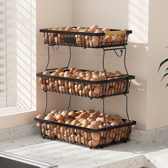 3 Tier Fruit Basket for Kitchen Counter with 2 Banana Hangers, Countertop Metal Fruit Bowl with Wooden Handle, Large Storage Stand for Vegetables, Snacks, Breads, Produce Storage – Black-Ruum Studio Home