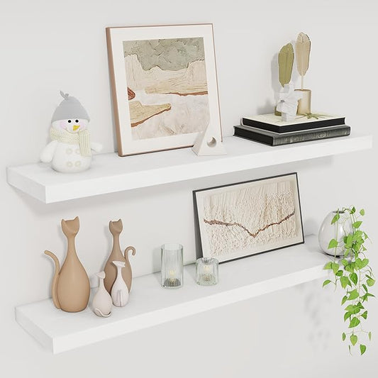 Fun Memories Floating Shelves for Wall, 30" Rustic Wood Deep Wall Mounted Shelves with Invisible Brackets for Decor & Storage, Floating Shelf for Living Room, Bathroom (White, Set of 2)-Ruum Studio Home