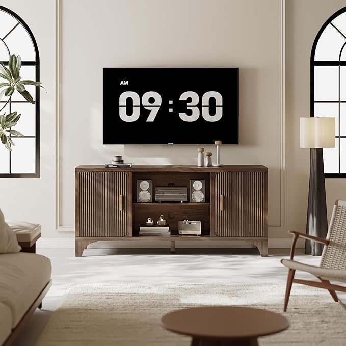 Tall Mid Century Modern TV Stand for 55/65 Inches Television, TV Console with Fluted Doors and Storage, Entertainment Center for Living Room and Bedroom, Dark Brown-Ruum Studio Home