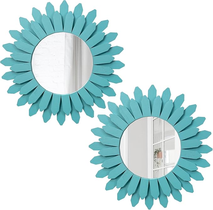 Honiway Beach Wall Decor Mirror 2 Pack 12 inch Wood Coastal Wall Decor Sunburst Boho Home Decor Room Decor for Bedroom Living Room Entryway Cyan-Ruum Studio Home